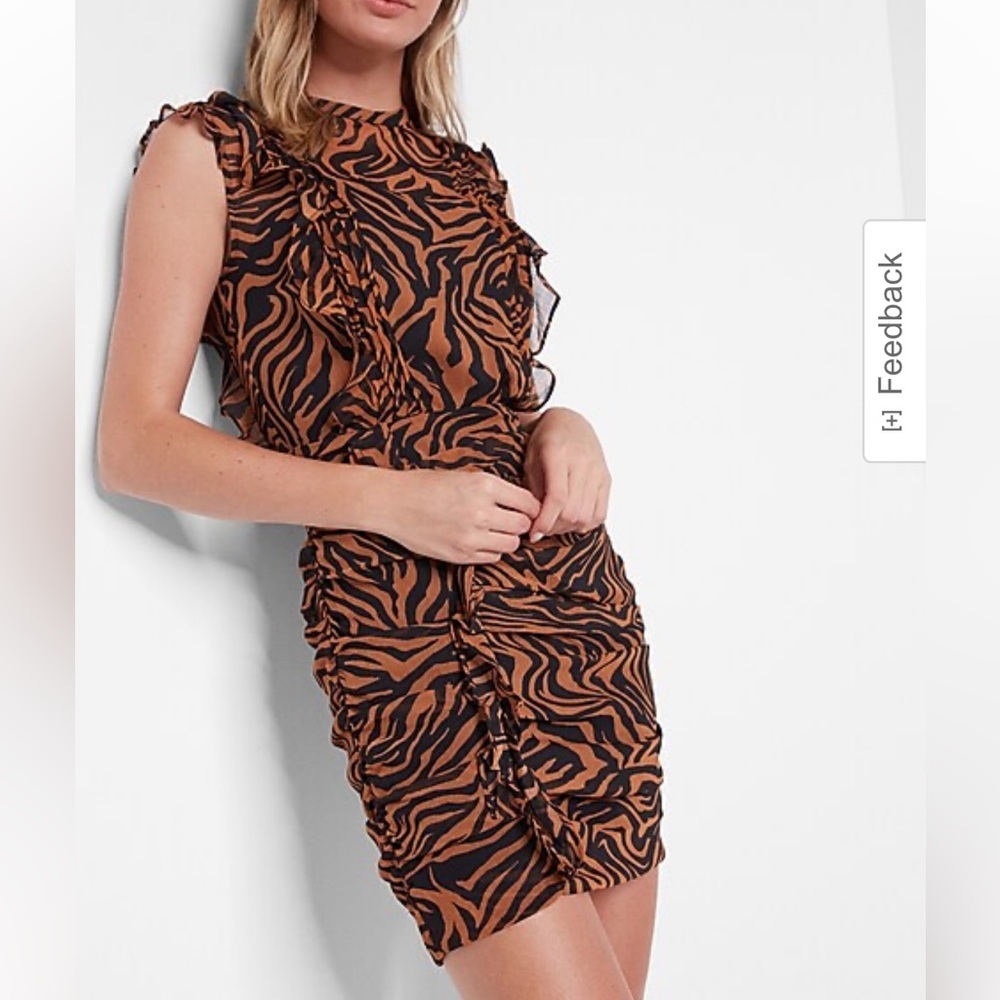 NWT XS Express Orange Print Ruched Mini Dress